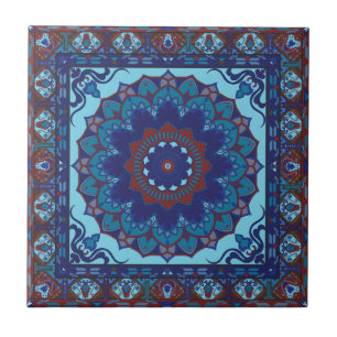 Azulejo Mosaico De Cerámica De Patrón Azul Y Rojo Islámico