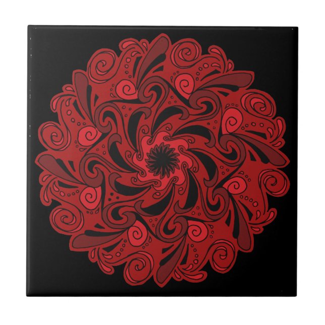 Azulejo Mosaico de cerámica rojo y negro Mandala (Frente)