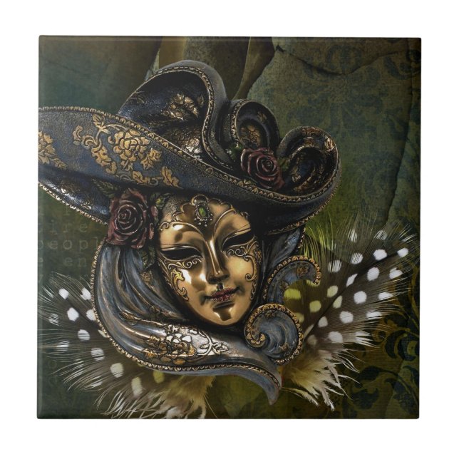 Azulejo Mosaico de Damasco Verde Máscara de Carnaval (Frente)