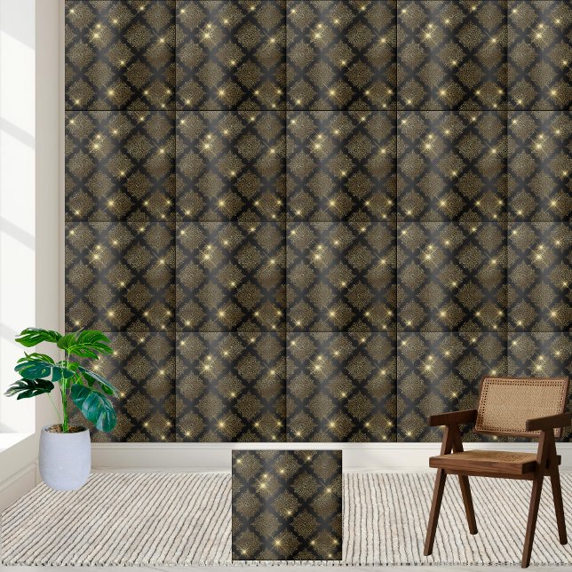 Azulejo Mosaico de diamante negro y dorado (Black and Gold Diamond Tile)