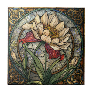 Azulejo Mosaico de Flor Silvestre Vidrio Pintado Botánico