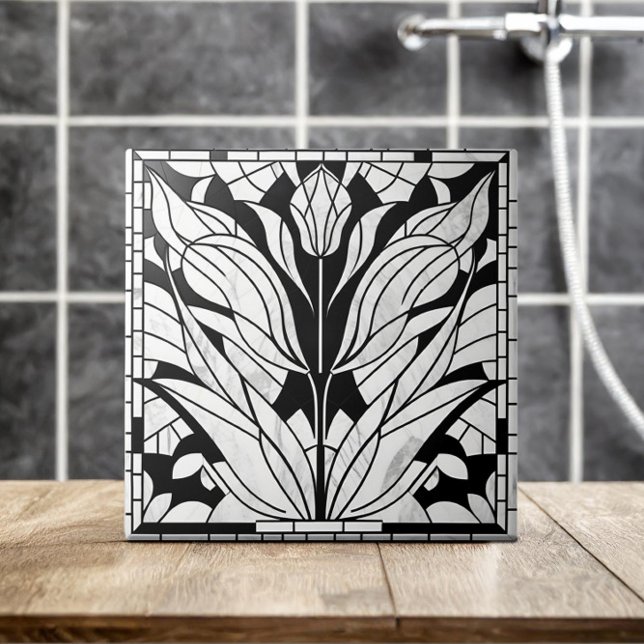 Azulejo Mosaico de flores de tulipán - Mármol blanco y neg (Subido por el creador)