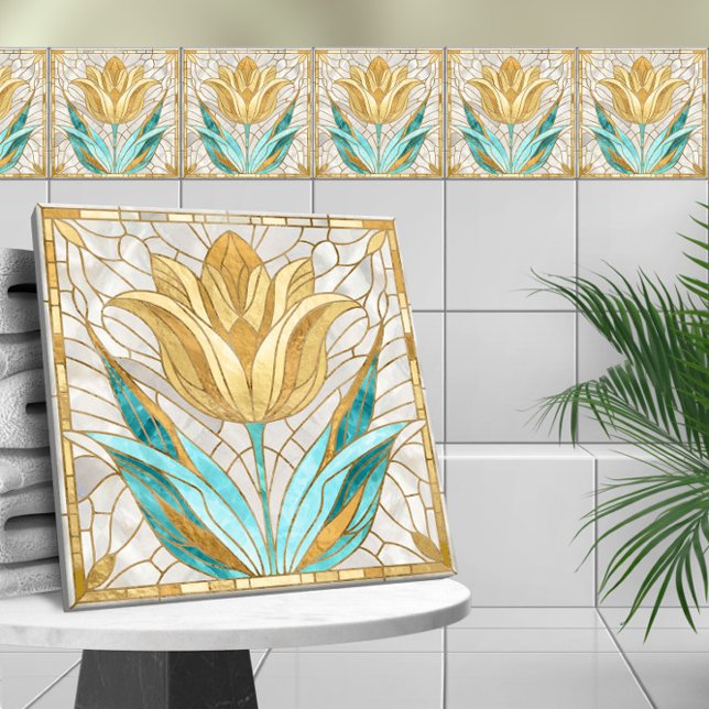 Azulejo Mosaico de flores de tulipán - Perla, Aquamarina y (Subido por el creador)