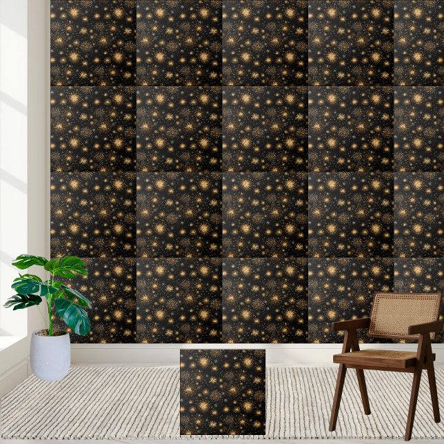 Azulejo Mosaico de fuegos artificiales en negro y oro (Black and Gold Fireworks Tile)