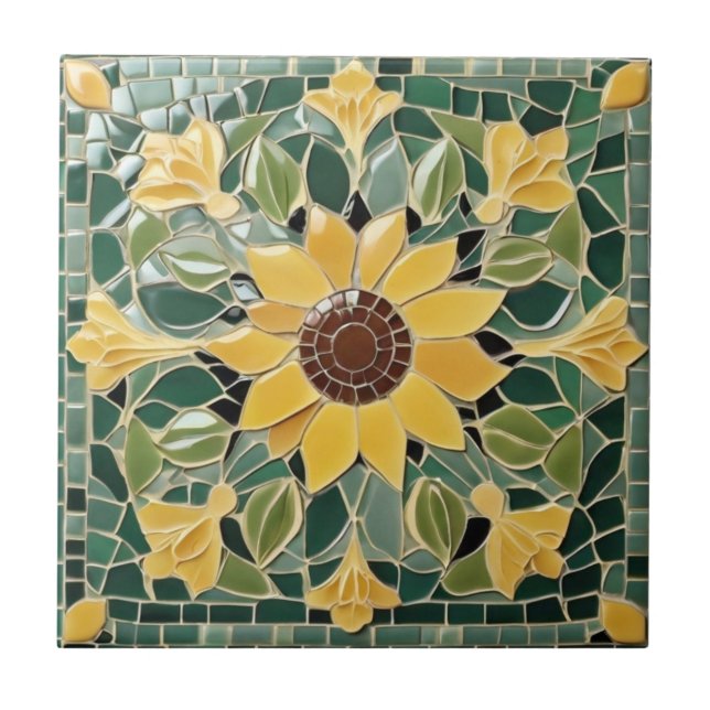 Azulejo Mosaico de imitación de girasol amarillo en verde (Frente)
