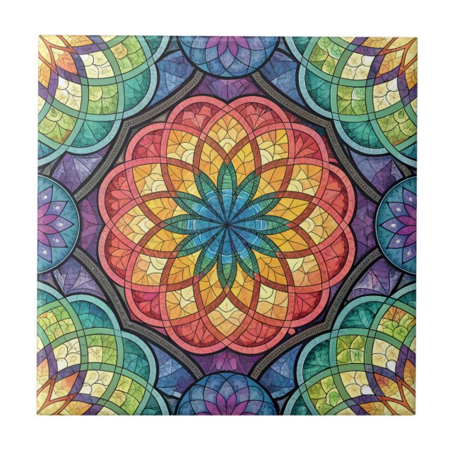 Azulejo Mosaico de Mandala de Arcoíris Radiante – Vidrio E (Frente)