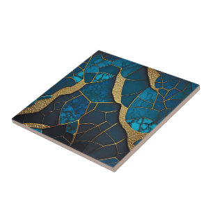 Azulejo Mosaico de mármol azul cobalto con vetas de incrus