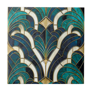 Azulejo Mosaico de mármol de lujo Art Deco azul oro y verd
