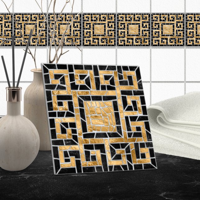 Azulejo Mosaico de mosaico roto griego negro y oro (Subido por el creador)