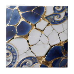 Azulejo Mosaico de porcelana azul blanco oro Kintsugi