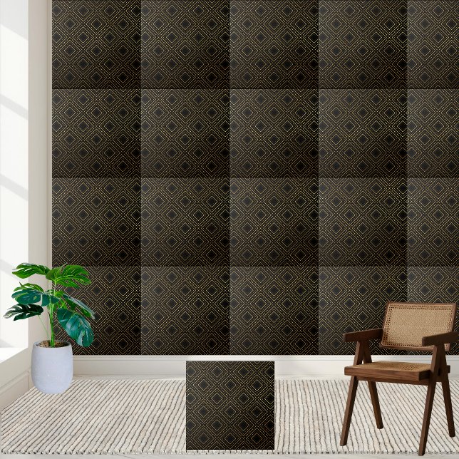 Azulejo Mosaico de Rhombus Geométrico de Lujo Negro y Oro (Luxury Black and Gold Geometric Rhombus Tile)