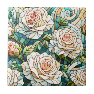 Azulejo Mosaico de vidrio tintado de rosas blancas