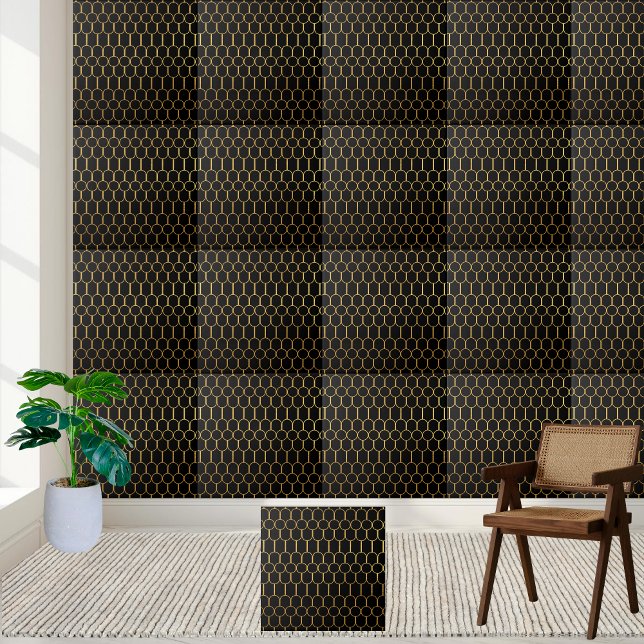 Azulejo Mosaico decorativo moderno negro y dorado (Modern Black and Gold Decorative Tile)