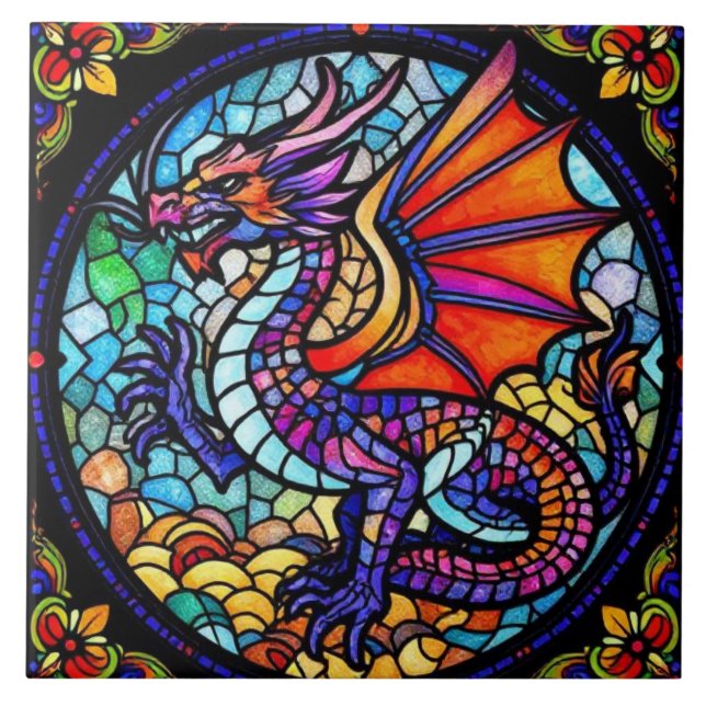 Azulejo Mosaico del Dragón de Cristal Manchado Colorido (Frente)