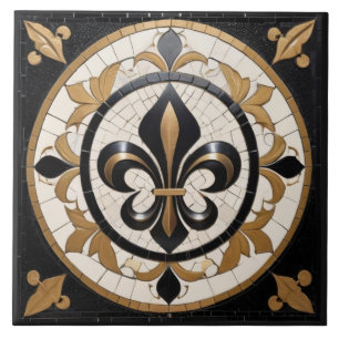 Azulejo Mosaico Falso Fleur de Lis Negro Blanco y Dorado