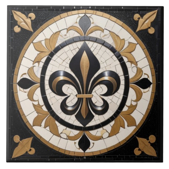 Azulejo Mosaico Falso Fleur de Lis Negro Blanco y Dorado (Frente)