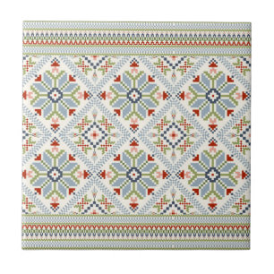 Azulejo Mosaico floral azul oceánico y rojo