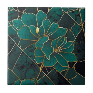 Azulejo Mosaico Floral de Mármol Art Deco Esmeralda Verde
