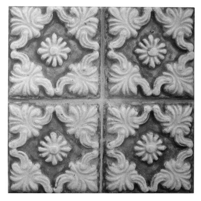 Azulejo Mosaico Floral Gris Rojo De Alivio Faux Portugués  (Frente)