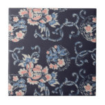 Azulejo Mosaico floral japonés vintage<br><div class="desc">Patrón japonés tradicional con flores rosas,  azules y blancas y viñas sobre un fondo azul oscuro.</div>