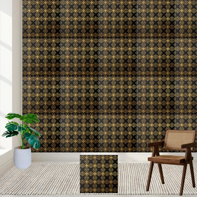 Azulejo Mosaico geométrico moderno negro y oro (Modern Geometric Black and Gold Tile)