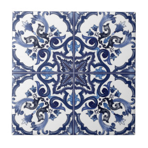 Azulejo Mosaico Italiano de Mayólica Siciliana Azul y Blan