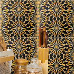 Azulejo Mosaico Kaleidoscopio Negro y Oro Árabe<br><div class="desc">Elegante y lujoso diseño de cerámica con un diseño impecable compuesto por formas geométricas de oro falsas sobre un fondo negro.</div>