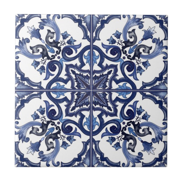 Azulejo Mosaico mallico italiano azul y blanco siciliano (Frente)