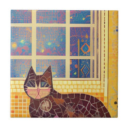 Azulejo Mosaico marrón gato arte abstracto cuadrado marrón