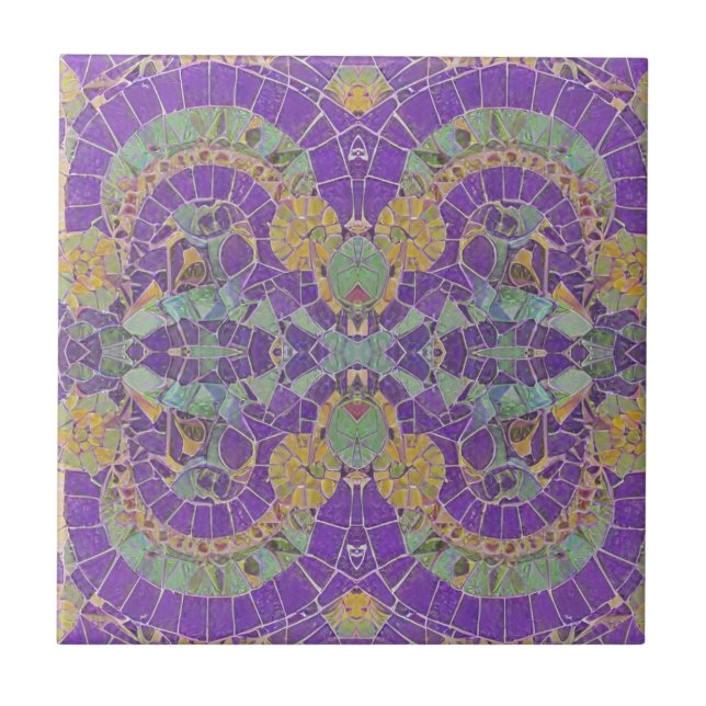 Azulejo Mosaico marroquí turquesa morado geométrico de oro (Frente)