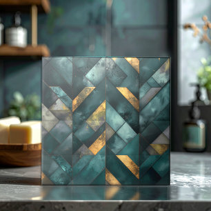 Azulejo Mosaico Moderno Malhumorado Verde Oscuro Dorado ID