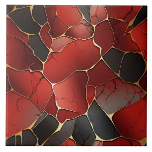 Azulejo Mosaico Rojo y Negro con Líneas de Oro Fino