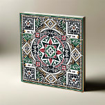 Azulejo Mosaico simétrico de inspiración palestina<br><div class="desc">Descubra la esencia de la artesanía palestina con "Heritage Harmony", una cerámica cuadrada que combina la artesanía tradicional con la simetría moderna. Esta baldosa es un testimonio de la herencia, con una armoniosa mezcla de los icónicos colores de la bandera palestina -negro, blanco, verde y rojo- entretejidos en intrincadas obras...</div>