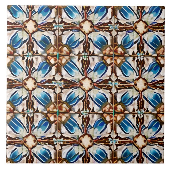 Azulejo Mosaico Simulado al Estilo Español Ecru Azul y mar (Frente)