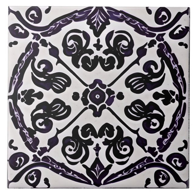 Azulejo Mosaico simulado de estilo marroquí blanco y negro (Frente)