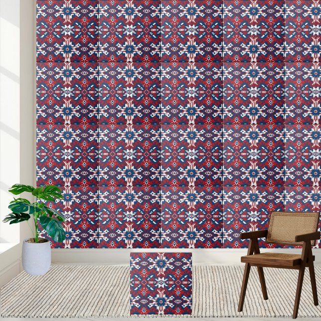 Azulejo Mosaico tribal geométrico rojo blanco y azul (Red White and Blue Geometric Tribal Tile)