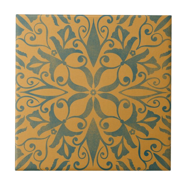Azulejo Mostaza y azul turquesa estilo vintage (Frente)