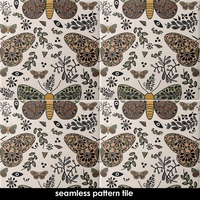 Azulejo Moth bohemiana moderna Resumen de patrón sin costu (Modern Bohemian Moth Abstract Seamless Pattern Ceramic Tile)