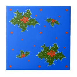 Azulejo Motif de los Navidades Holly (Ilex) sobre el azul