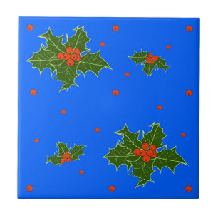 Azulejo Motif de los Navidades Holly (Ilex) sobre el azul
