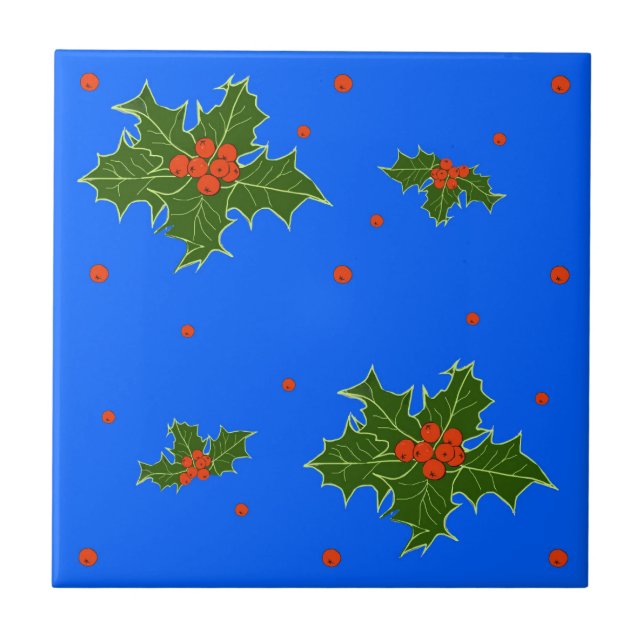 Azulejo Motif de los Navidades Holly (Ilex) sobre el azul  (Frente)
