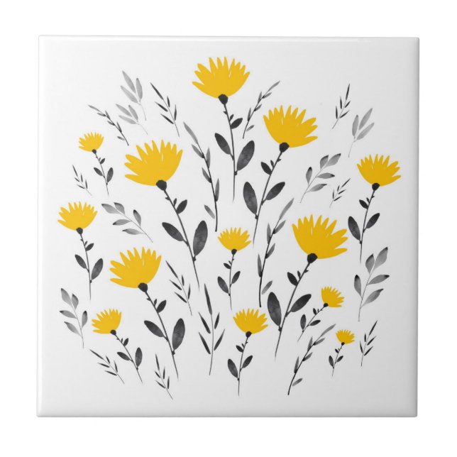 Azulejo Motif floral gris amarillo moderno (Frente)