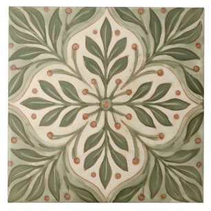 Azulejo Motivo de Cruz Floral de Rama de Olivo Vintage