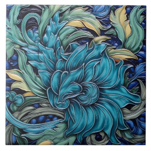 Azulejo Motivo floral oscuro cian y verde Art Nouveau