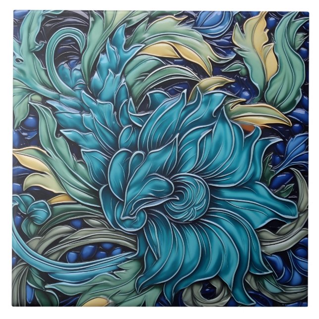 Azulejo Motivo floral oscuro cian y verde Art Nouveau (Frente)