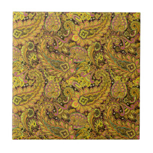 Azulejo Motivo Paisley en Amarillo, Marrón sobre Fondo Neg