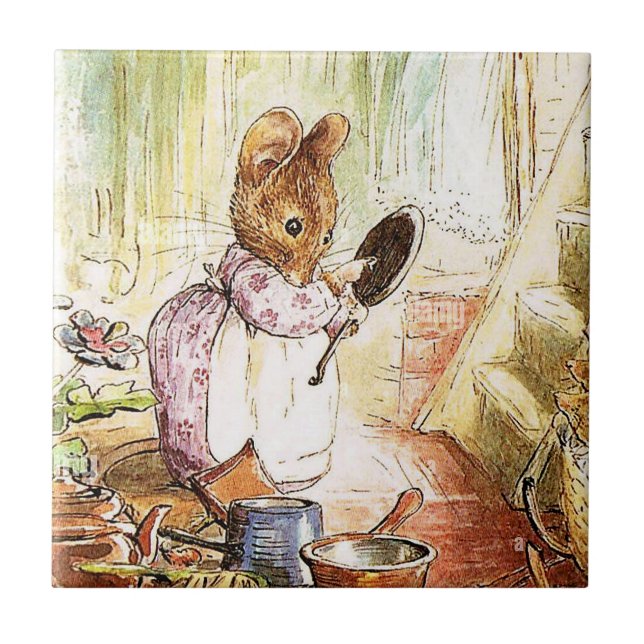 Azulejo "Mrs Mouse limpia ollas y pantalones" de Beatrix P (Frente)