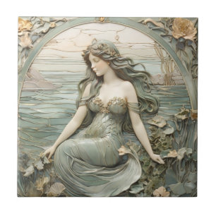Azulejo Mucha inspo Sirena Art Nouveau Faux Relief L Mint
