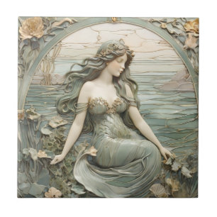 Azulejo Mucha inspo Sirena Art Nouveau Faux Relief R Mint