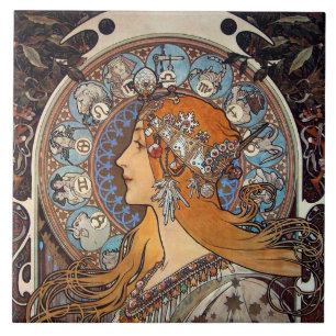 Azulejo Mucha Mujer Art Nouveau Cartel Antiguo Zodiaco Fra